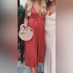 Deep V Rust Satin midi Dress Zara